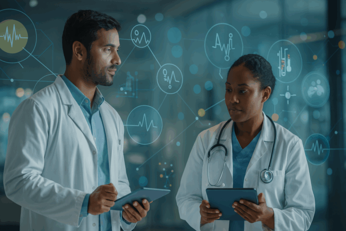 Médicos conectados por tecnologia, mostrando interoperabilidade impulsionando economias na saúde.