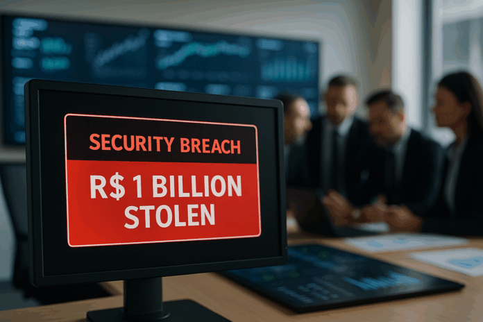 Baas Tela de computador exibindo alerta de violação de segurança em ambiente corporativo, representando um ataque a sistema de BaaS (banking as a service) com desvio de R$ 1 bilhão.