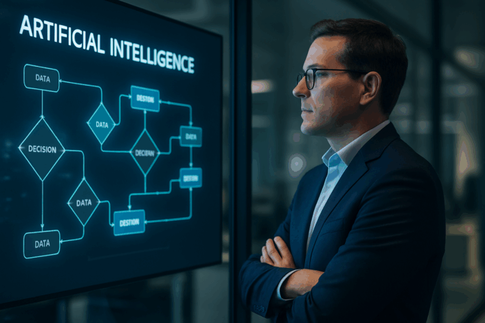 Executivo de tecnologia analisa painel digital com fluxos de dados e decisões, representando o papel estratégico do CIO na era da inteligência artificial.