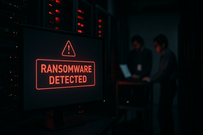 Sala de servidores com alerta de ransomware em tela, representando ataque cibernético que paralisou sistemas da Ingram Micro e afetou a infraestrutura de TI.