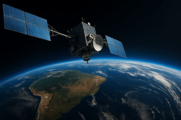 Satélite geoestacionário em órbita sobre a América do Sul, representando o avanço do Brasil com a China no desenvolvimento do CBERS‑5 e monitoramento climático.