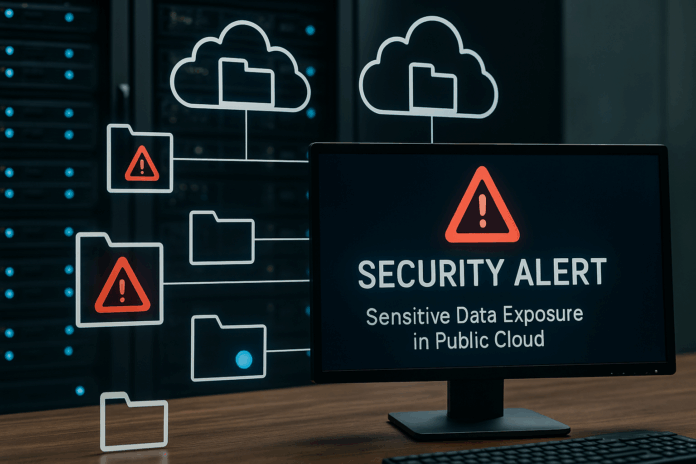 Ambiente digital com arquivos expostos e alerta de segurança, representando falha na proteção de dados confidenciais em infraestrutura de nuvem pública.
