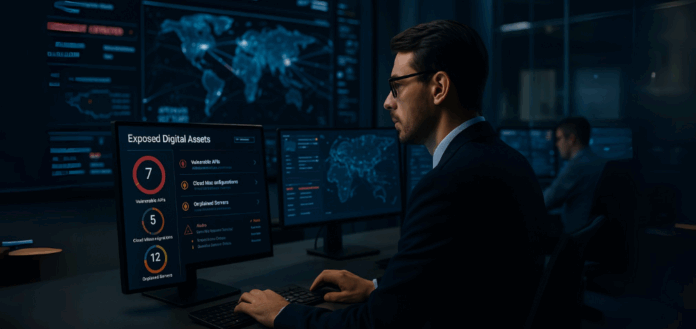 Superfície de ataque externa monitorada por especialista em segurança da informação diante de painéis com ativos expostos, APIs vulneráveis e servidores abertos.