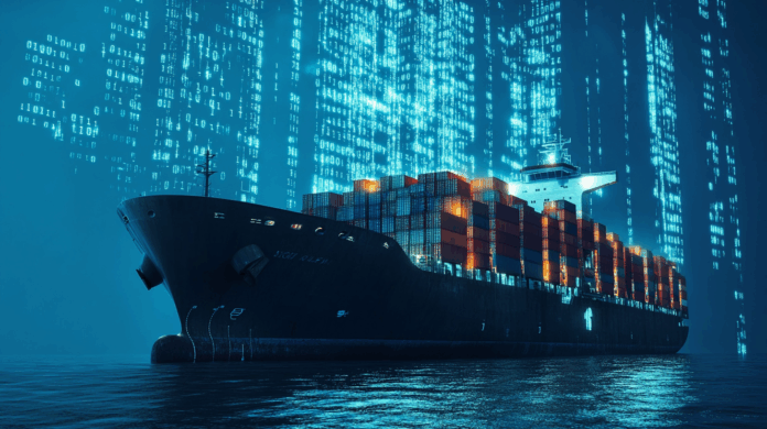 APT navio cargueiro cercado por códigos binários azuis, representando ataques cibernéticos avançados em sistemas navais e transporte marítimo.