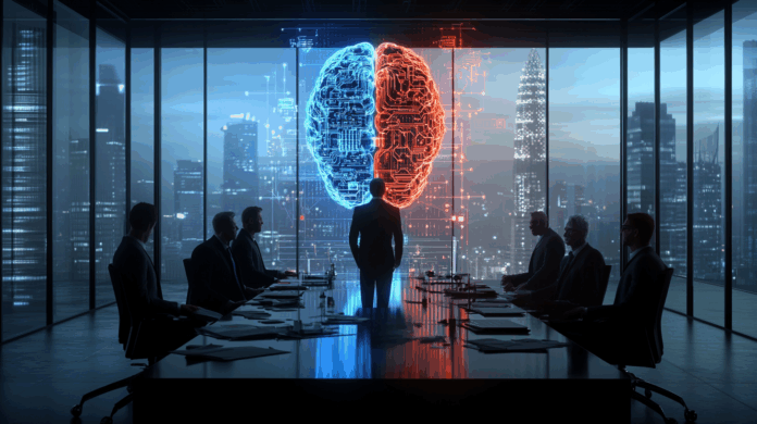 CEO em pé diante de um holograma de cérebro artificial com elementos visuais de inovação e alerta, representando os desafios éticos e estratégicos da IA.