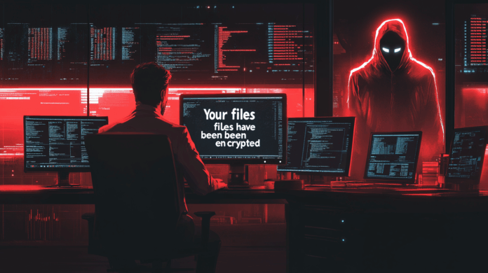 Chaos: Profissional de TI observa tela com mensagem de ransomware em ambiente escuro, com figura encapuzada digital ao fundo representando um cibercriminoso.