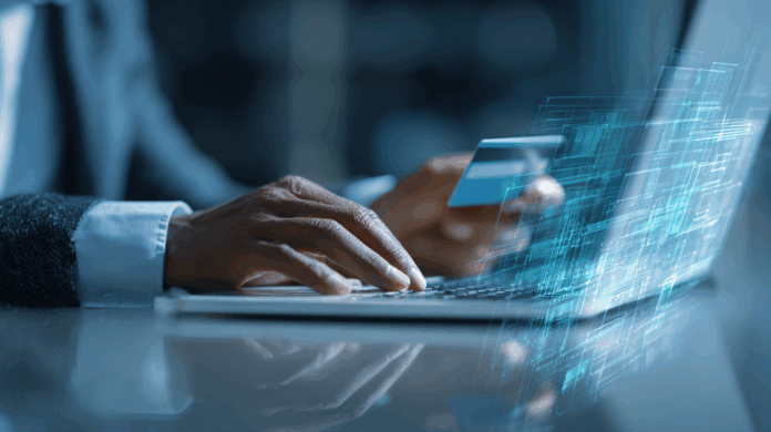 Profissional do setor financeiro utilizando ferramentas digitais e IA para automatizar o processo de solicitação de crédito, ilustrando a eficiência da automação no setor bancário.