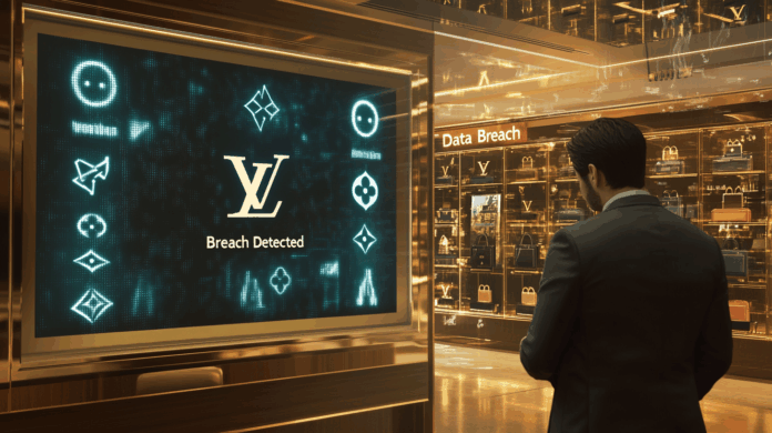 Louis Vuitton lida com vazamento de dados após ataque cibernético, com executivos analisando impactos em sistemas de segurança.