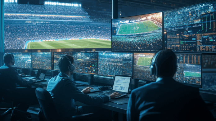 Eventos esportivos internacionais vistos de uma sala de operações cibernéticas, com especialistas monitorando ataques digitais e segurança em tempo real.