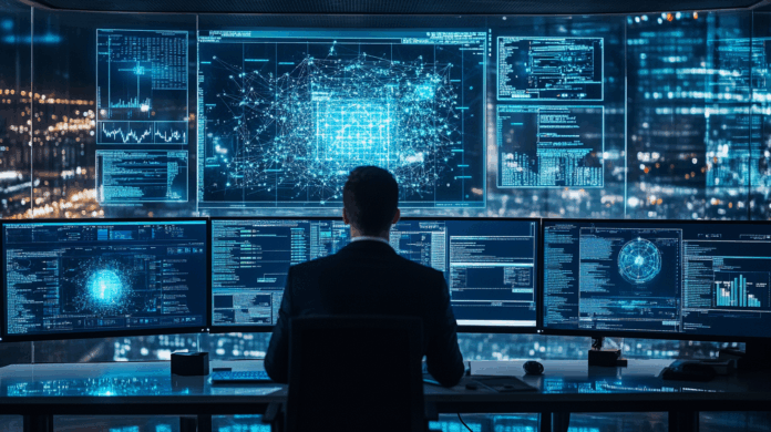 Malware gerado por IA sendo monitorado em tempo real por analista de cibersegurança em centro de operações digital, com painéis e mapas de ameaça.