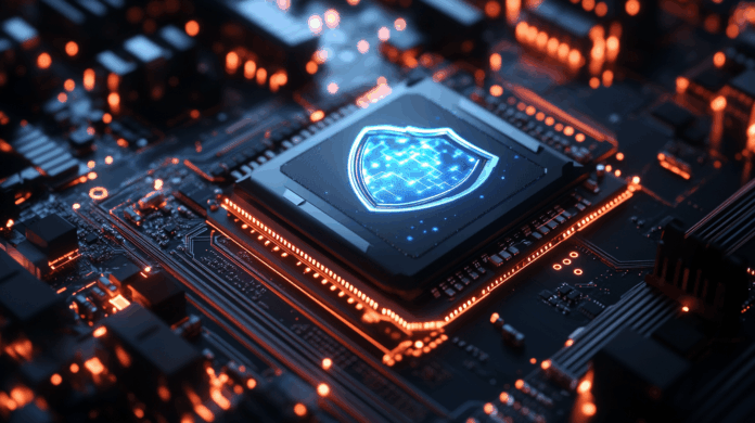 Fortinet lança chip quântico com escudo de segurança flutuante iluminado em azul, representando proteção digital avançada e segurança pós-quântica.