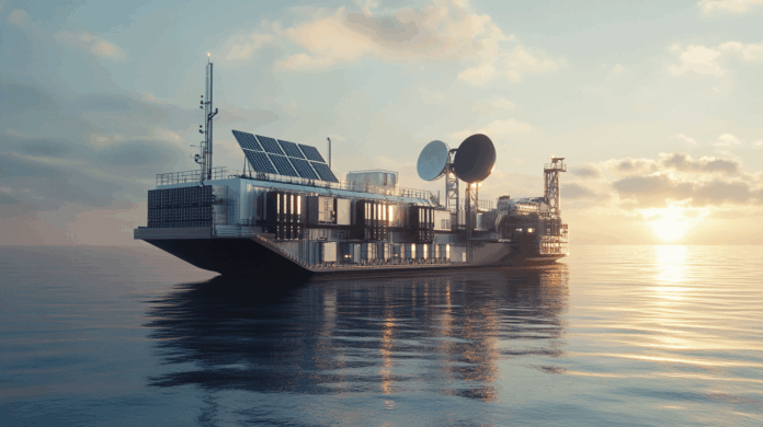 Energia e tecnologia a bordo de um navio data center flutuante, com painéis solares, antenas de comunicação e sistemas de resfriamento, navegando em mar calmo sob céu claro.