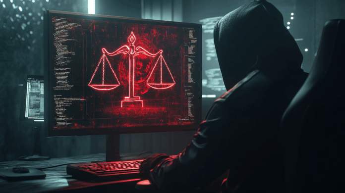 TPI é alvo de ciberataque: hacker observa monitor com símbolo da justiça sendo corrompido por vírus digital, representando invasão aos sistemas da Corte.