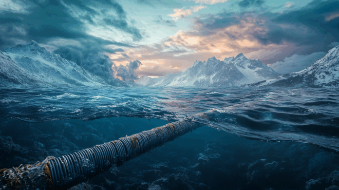 Terremoto na Rússia não afeta cabo submarino de fibra óptica, visto em imagem hiper-realista sob o oceano com montanhas nevadas e ondas ao fundo.