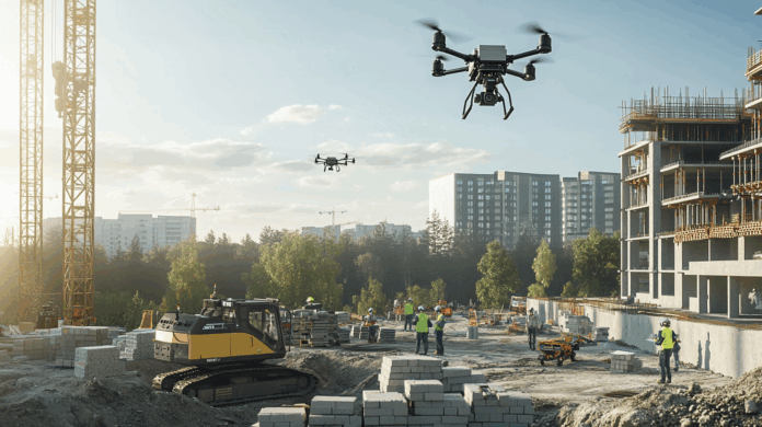 Automação na construção civil com robô de alvenaria (Hadrian X) e drones mapeando o terreno, ilustrando como a tecnologia está transformando o setor.
