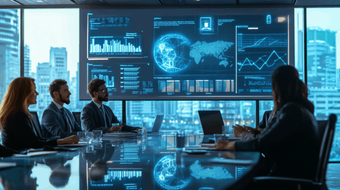 Riscos da IA sendo discutidos por executivos em uma sala de reuniões moderna, com gráficos e diagramas sobre viés algorítmico, vazamento de dados e decisões caixa preta.