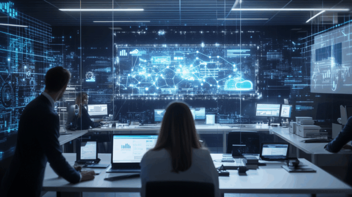 Rede como serviço gerenciada por profissionais de TI em ambiente corporativo, com painéis digitais mostrando topologia de rede em nuvem.
