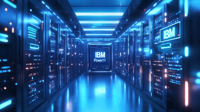 Power11 da IBM em data center moderno, com luz azul, gráficos de IA e elementos visuais que representam nuvem híbrida e segurança cibernética.