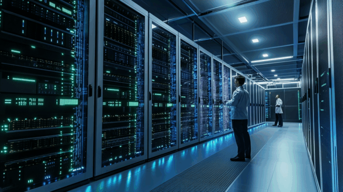 Interior de data center híbrido com servidores acelerados por IA, unidades de computação de borda e engenheiros inspecionando os equipamentos.
