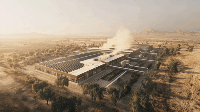 Data center em área seca com equipamentos de resfriamento ativos, cercado por calor extremo e gráfico sobreposto com dados de mudanças climáticas.