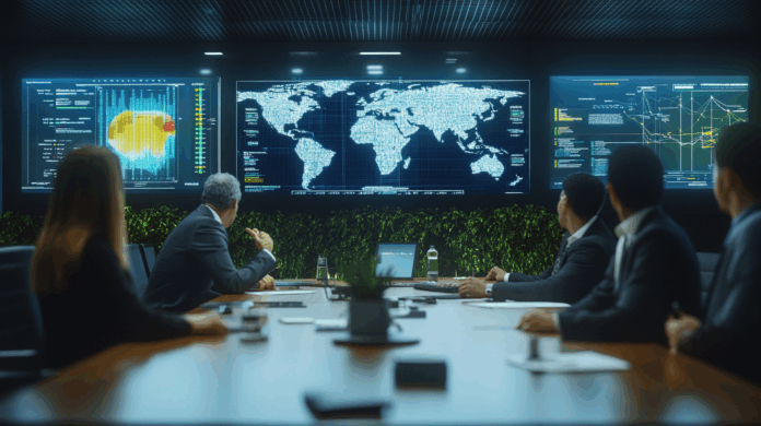 Brasil em destaque em reunião de executivos e líderes de TI discutindo estratégias para regulação da inteligência artificial com dados globais ao fundo.