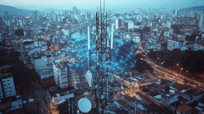 5G impulsiona conectividade no Brasil com torre ativa em cidade ao fundo mostrando alcance superior a 70% da população.