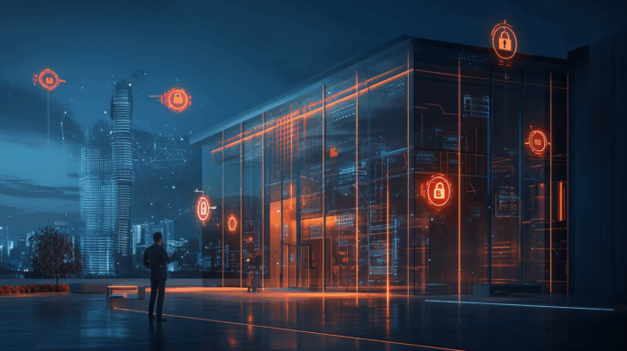 BMS com sistemas digitais visíveis revela riscos cibernéticos em edifícios inteligentes, incluindo alertas de segurança e conexão insegura à internet.