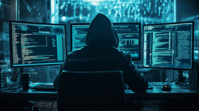 Dados de brasileiros sendo visualizados por hacker encapuzado em frente a múltiplas telas com registros pessoais e financeiros expostos. Se quiser uma versão em inglês ou adaptada para redes sociais, posso ajustar conforme a necessidade! Perguntar ao ChatGPT