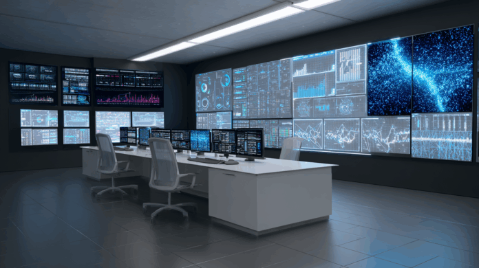 Sala de operações com dashboards digitais exibindo interoperabilidade entre sistemas e um CIO monitorando o fluxo de dados em tempo real.