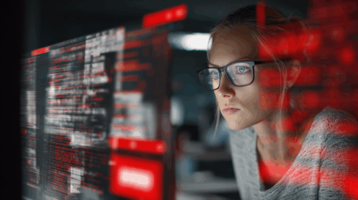Analista de cibersegurança identificando um anúncio malicioso em um painel digital com alertas e códigos suspeitos, representando o risco do malvertising.