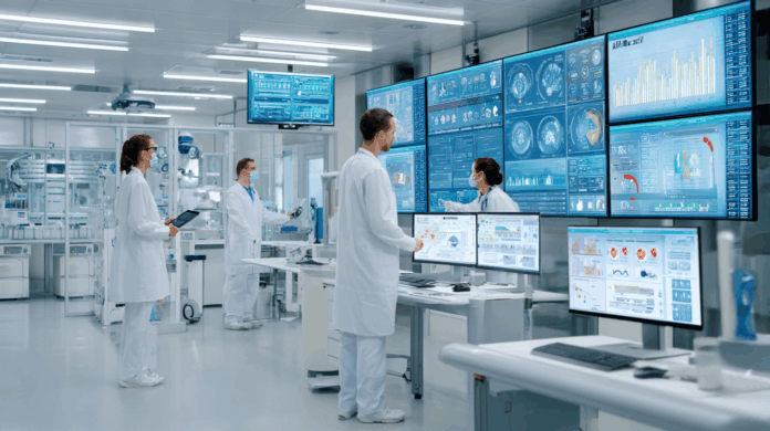 Profissionais analisando dados em um hospital digitalizado, demonstrando o uso de tecnologia para eficiência hospitalar na gestão de processos clínicos e administrativos.