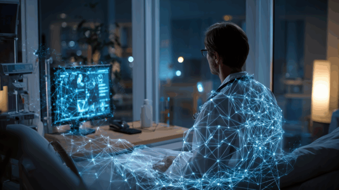 Ambiente de saúde com sistemas baseados em GenAI, destacando a necessidade urgente de segurança cibernética para proteger dados de pacientes contra ameaças digitais.