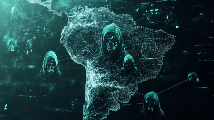 Brasil com mapa ao fundo coberto por ícones de hackers, representando ameaças cibernéticas em várias regiões do país.