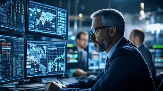 Privacidade de dados sendo gerenciada por executivo de TI em centro de operações, com dashboards de rede, automação e monitoramento em tempo real.