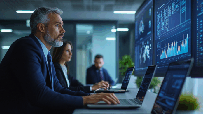 Vieses em análise de dados corporativos, com executivos em reunião moderna observando gráficos de risco em telas digitais e laptops.