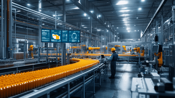 Robótica em ação na indústria alimentícia com braços automatizados embalando produtos em ambiente industrial moderno
