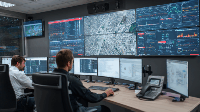 Centro de controle inteligente com profissionais monitorando dados em tempo real de cada dispositivo IoT conectado à infraestrutura urbana.