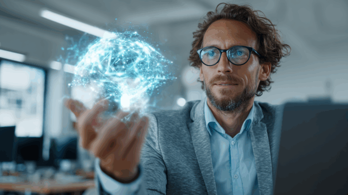 Modelos de IA: Profissional em escritório moderno analisando interface holográfica com gráficos de IA, representando o uso de modelos de inteligência artificial no ambiente corporativo.