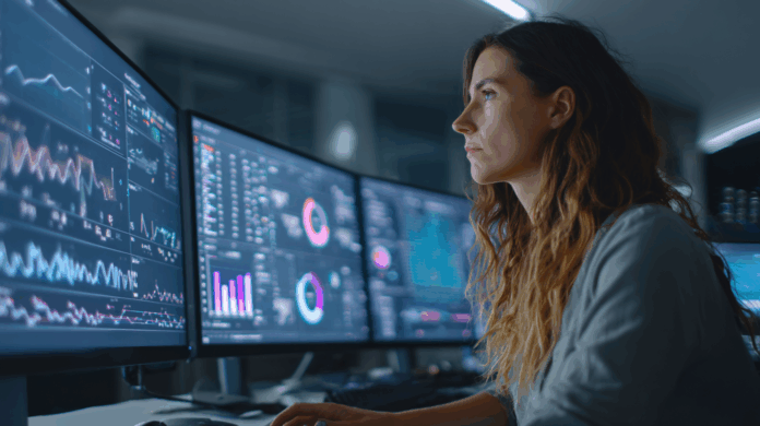 Profissional em ambiente seguro gerenciando o compartilhamento de dados sensíveis com controles de segurança e privacidade em painel digital.