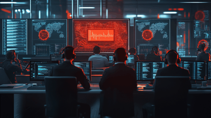 Ransomware em ação em centro de operações de segurança, com profissionais monitorando alertas de criptografia de dados em telas vermelhas e mapas digitais globais.