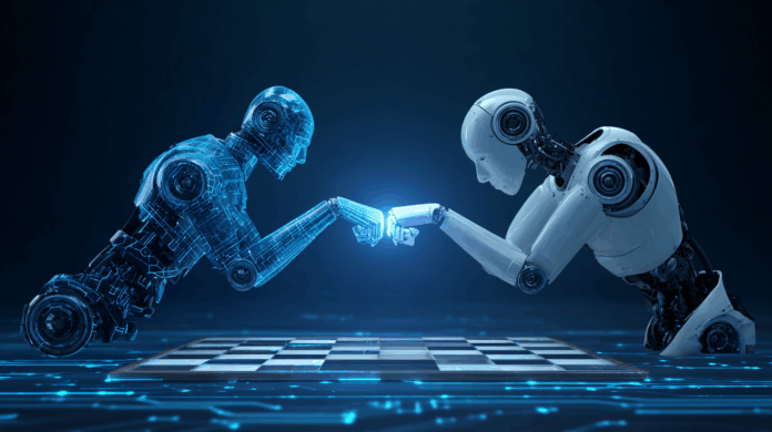 IA em escala sendo analisada por um profissional de TI, observando gráficos de segurança cibernética e dados críticos para garantir a proteção e governança no uso de inteligência artificial.
