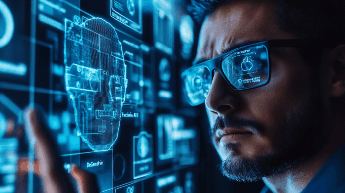 Biometria facial em smartphone sendo usada para autenticação bancária, destacando riscos e vulnerabilidades a fraudes com IA e deepfakes