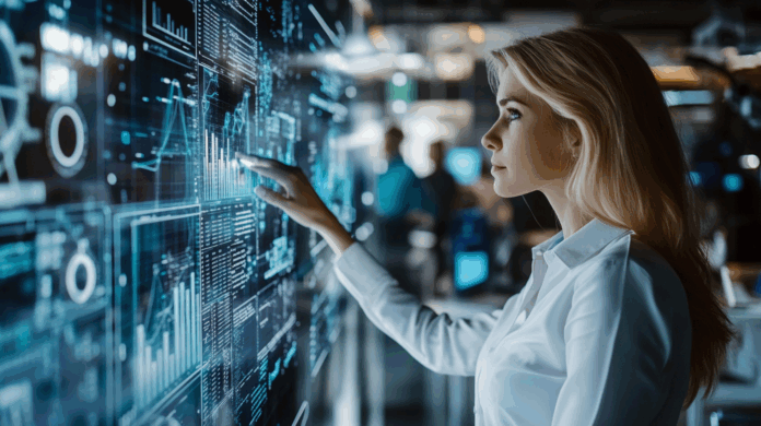 CIO visualiza painel digital com dados de IA em escritório moderno, simbolizando sua atuação estratégica e transformacional no futuro das organizações.