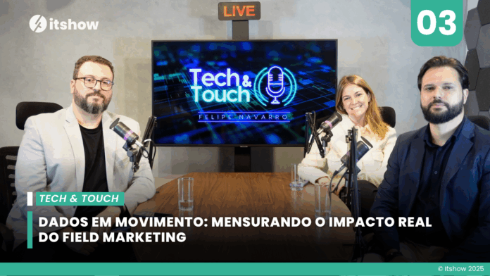 Felipe Navarro, Carolina Venturini e Felipe Vanni durante as gravalçoes do episodio sobre Field Marketing e mensuração de resultados no B2B