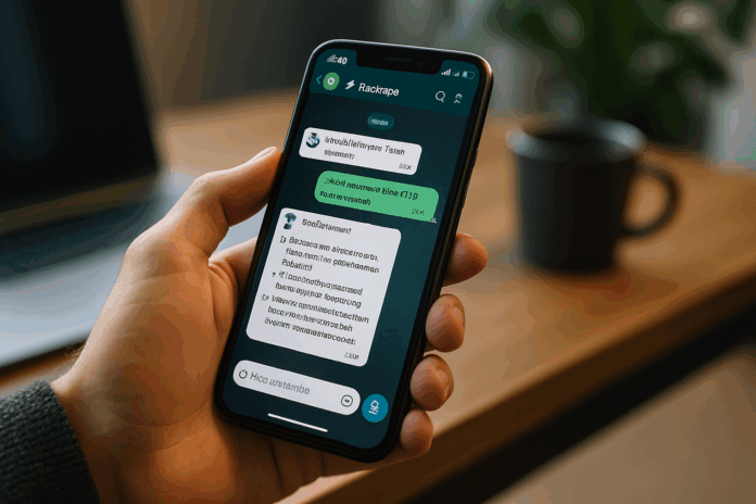 Imagem realista de uma mão segurando um smartphone com a interface do WhatsApp exibindo uma conversa com um assistentes com IA.