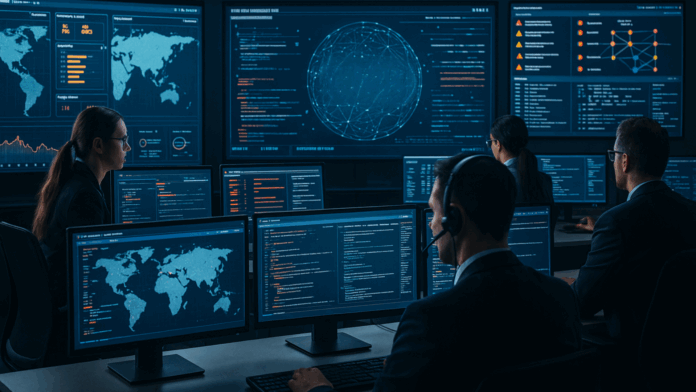 SOC como centro de defesa cibernética com especialistas monitorando redes globais em telecomunicações e saúde