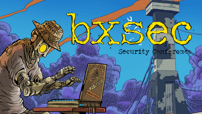 BxSec Security Conference, ilustração oficial mostrando robô com chapéu digitando em notebook e torre de comunicação ao fundo, representando segurança da informação.