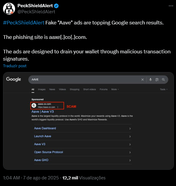 Aave sofre ataque de phishing por meio do Google Ads após marco histórico 1 Captura de tela 2025 08 08 101154