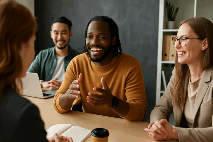 Imagem realista de profissionais diversos em uma reunião, discutindo estratégias de liderança com autenticidade e confiança. Honestidade radical