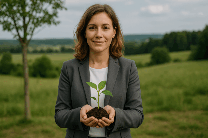 Mulher segurando muda verde, simbolizando empreender com responsabilidade e o futuro sustentável.